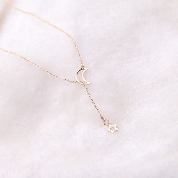 Gold Delicate Lariat Moon and Star Necklace - Picture 3 of 3